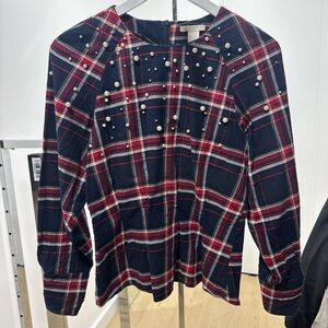 H&M Red and Black Plaid Top with Pearl Details